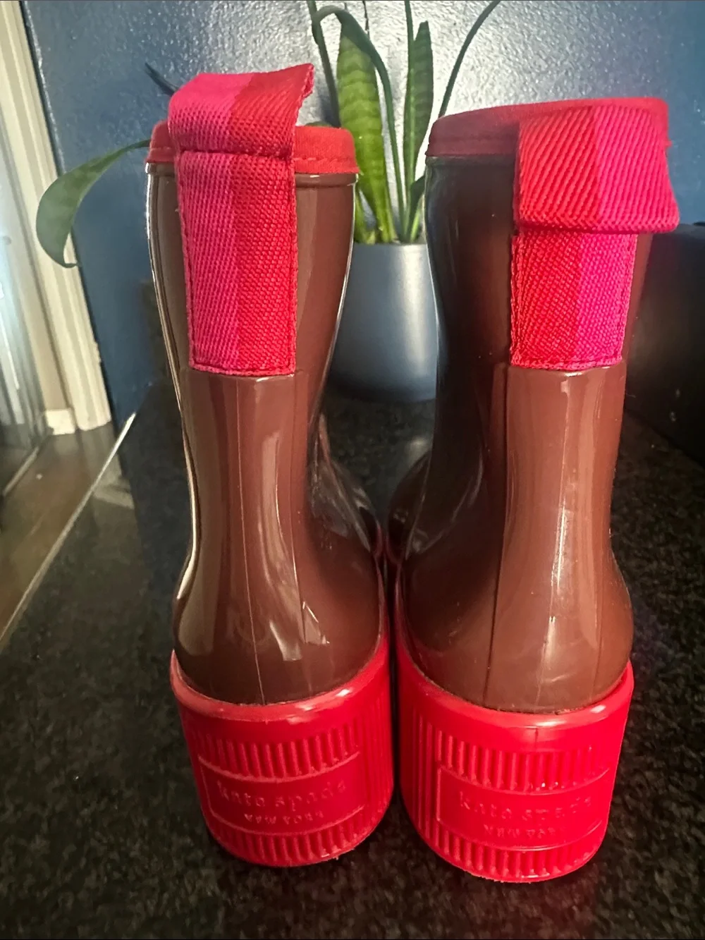 kate spade Brown Glossy Ankle Rain Boots with Red Trim